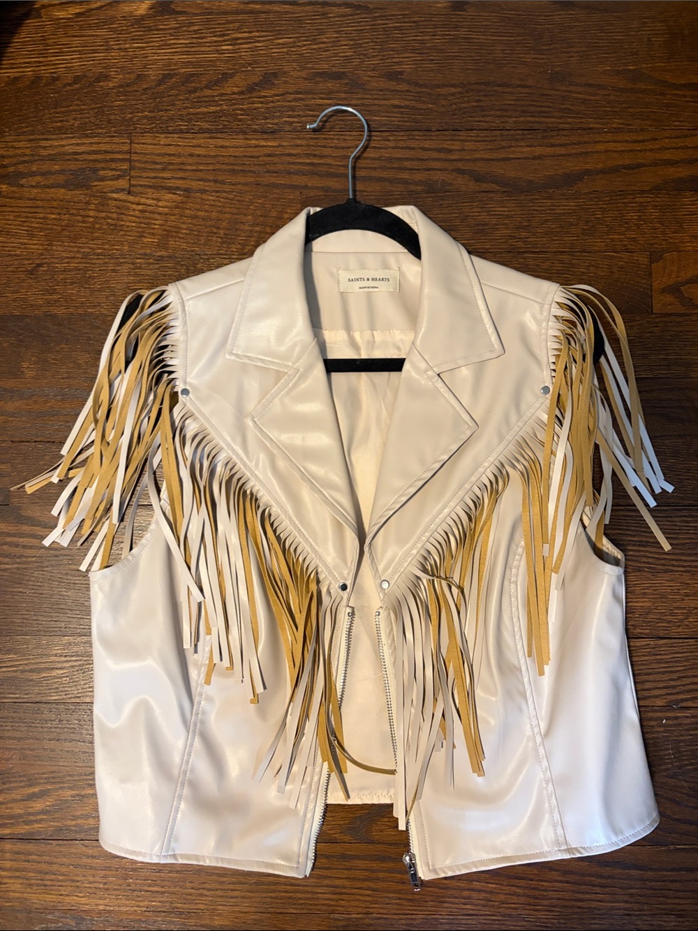 White Leather Fringe Vest with Tan Fringe Accents